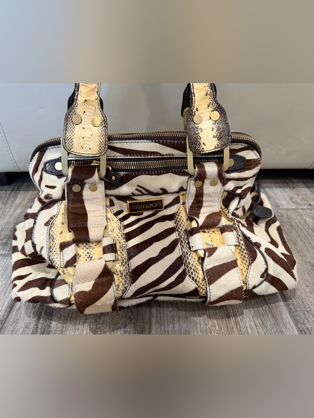 RARE Jimmy Choo Malena Zebra Calf Hair & Python Satchel Made in Italy
